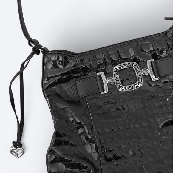 Brighton Cher Glam Black Croco Embossed Patent Leather Silver Shoulder Bag - Picture 9 of 13